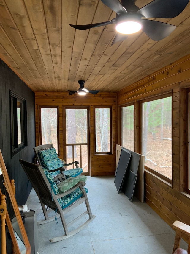 15205 Riverview Rd SE, Grayling, MI 49738 - sunroom featuring a ceiling fan, wooden walls, healthy amount of natural light, and wooden ceiling
