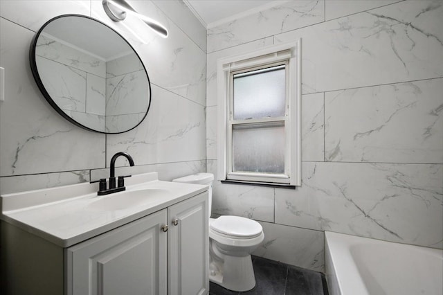 bathroom with tile walls, toilet, vanity, and a bathtub