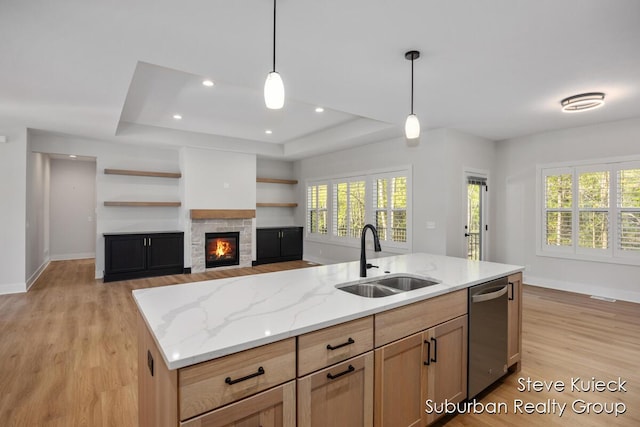 kitchen with a sink, stainless steel dishwasher, a tray ceiling, baseboards, and light wood-type flooring