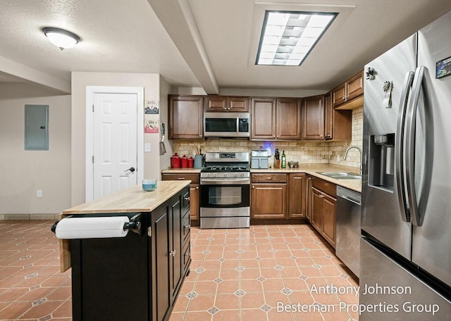 kitchen featuring stainless steel appliances, a sink, electric panel, and backsplash