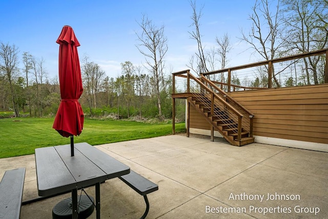 view of patio / terrace featuring stairs