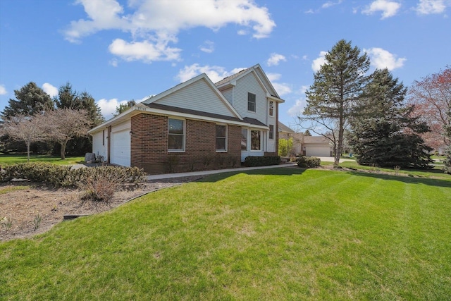 view of property exterior with brick siding, an attached garage, and a yard