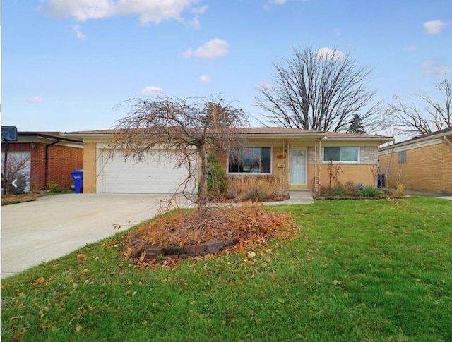 ranch-style house with driveway, a garage, a front yard, and brick siding