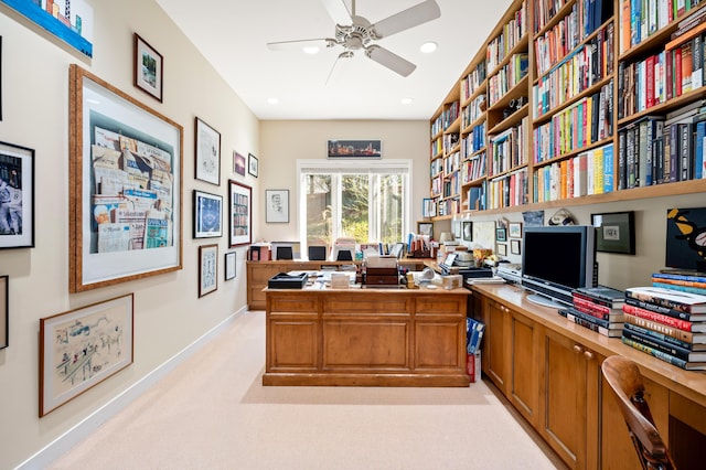 50102 Alpine Blvd, New Buffalo, MI 49117 - office area with a ceiling fan, recessed lighting, baseboards, and light colored carpet