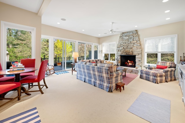50102 Alpine Blvd, New Buffalo, MI 49117 - living room featuring a ceiling fan, carpet floors, healthy amount of natural light, and recessed lighting