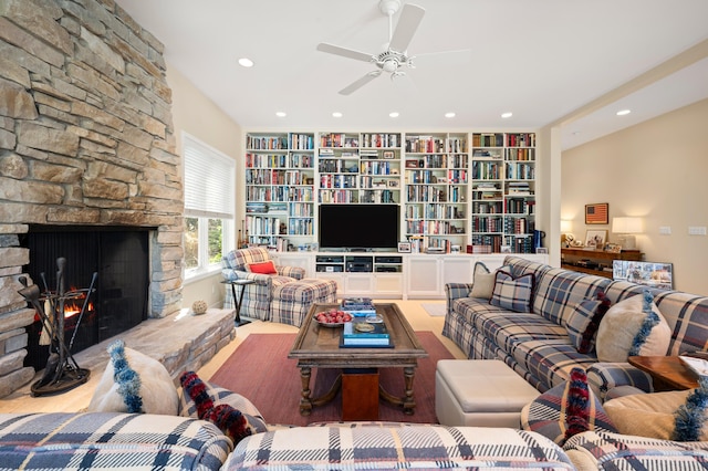 50102 Alpine Blvd, New Buffalo, MI 49117 - living area featuring a ceiling fan, recessed lighting, a fireplace, built in shelves, and wood finished floors