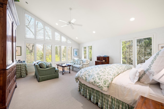 50102 Alpine Blvd, New Buffalo, MI 49117 - bedroom featuring high vaulted ceiling, carpet, recessed lighting, and ceiling fan