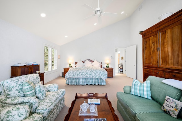 50102 Alpine Blvd, New Buffalo, MI 49117 - bedroom with light carpet, high vaulted ceiling, baseboards, recessed lighting, and ceiling fan