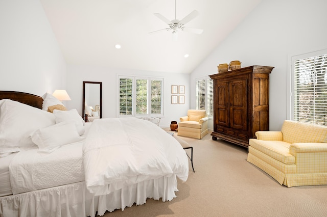 50102 Alpine Blvd, New Buffalo, MI 49117 - bedroom with light colored carpet, high vaulted ceiling, ceiling fan, and recessed lighting