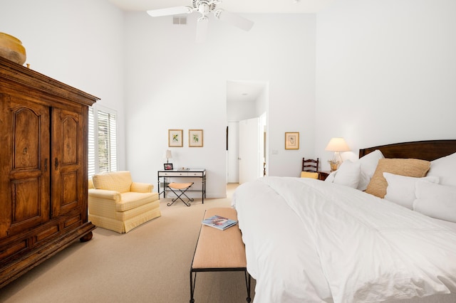 50102 Alpine Blvd, New Buffalo, MI 49117 - bedroom with a high ceiling, light carpet, and a ceiling fan