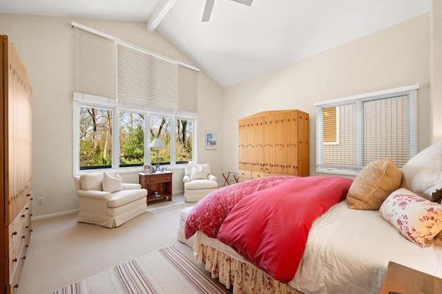 50102 Alpine Blvd, New Buffalo, MI 49117 - bedroom featuring high vaulted ceiling, carpet, beamed ceiling, baseboards, and a ceiling fan