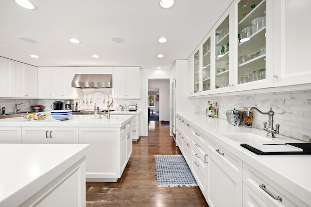 50102 Alpine Blvd, New Buffalo, MI 49117 - kitchen featuring wall chimney exhaust hood, a sink, decorative backsplash, dark wood-style floors, and recessed lighting