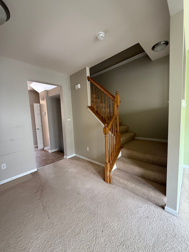 stairway featuring carpet floors, baseboards, and a skylight