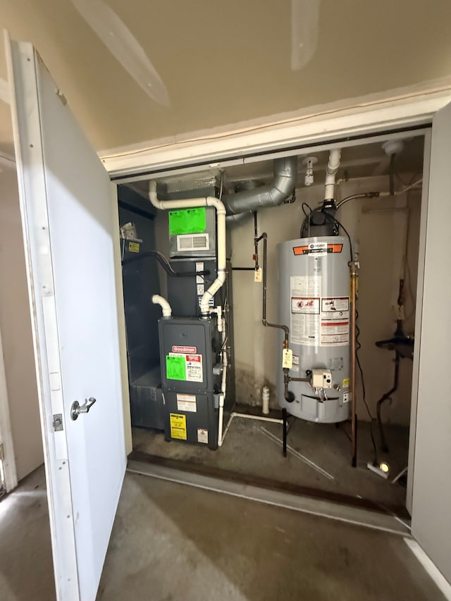 utility room with gas water heater and heating unit
