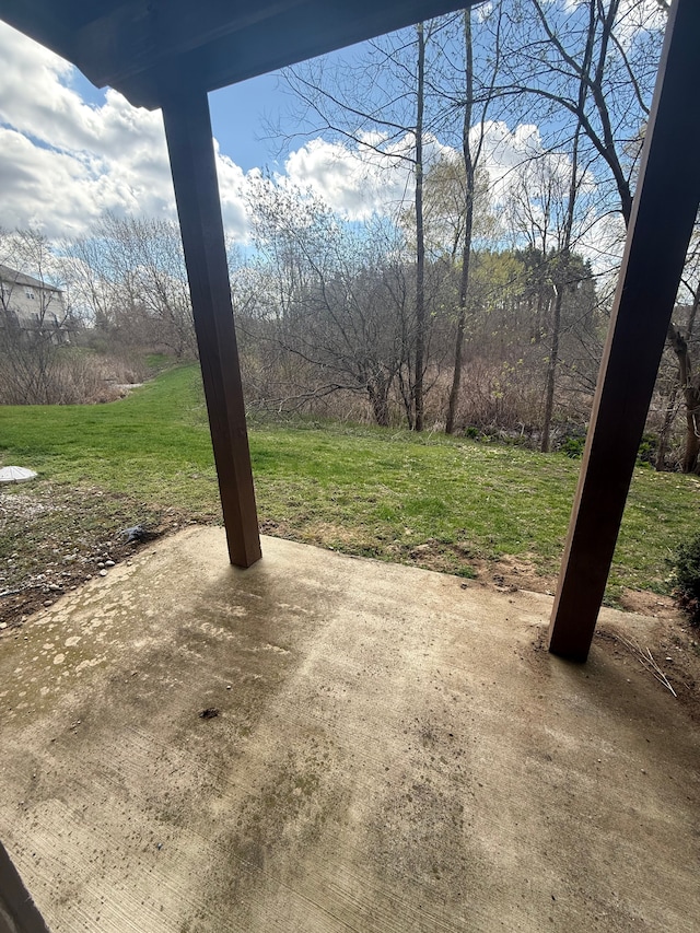 view of green lawn featuring a patio