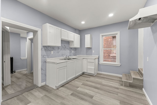 1881 W Grand Blvd, Detroit, MI 48208 - kitchen featuring under cabinet range hood, a sink, light wood finished floors, white cabinets, and light countertops