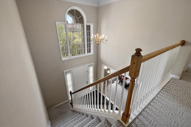 1708 Tremont Rd, Canton, MI 48188 - staircase featuring carpet floors, a chandelier, crown molding, and baseboards