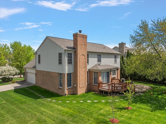 1708 Tremont Rd, Canton, MI 48188 - rear view of property featuring a deck, a lawn, concrete driveway, a chimney, and brick siding