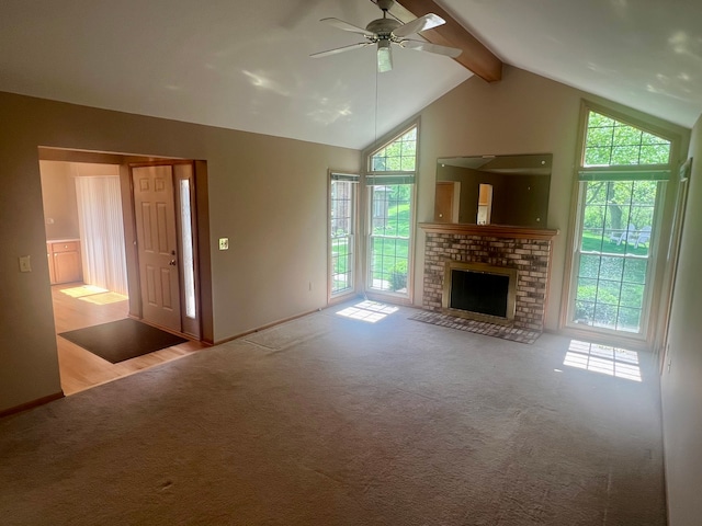 49421 Northwood, Shelby Twp, MI 48315 - unfurnished living room with carpet, ceiling fan, a fireplace, and baseboards