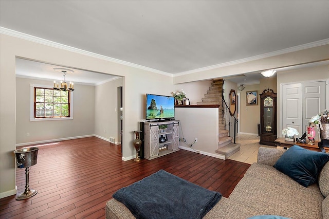 15672 Robert Dr, Macomb, MI 48044 - living room with hardwood / wood-style floors, stairs, ornamental molding, baseboards, and a chandelier