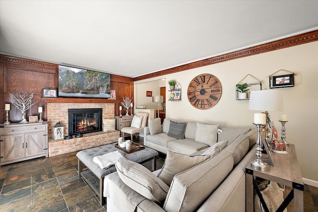 15672 Robert Dr, Macomb, MI 48044 - living area with a brick fireplace, dark stone finish floors, ornamental molding, and baseboards