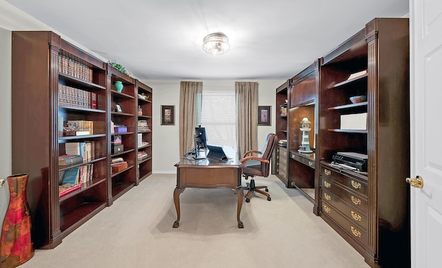 home office featuring light carpet