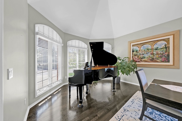 sitting room with lofted ceiling, baseboards, wood finished floors, and a desk
