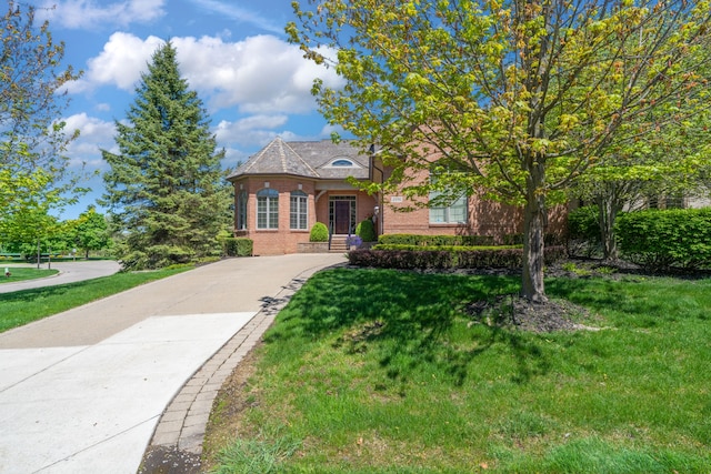 view of front of house with brick siding, driveway, and a front yard