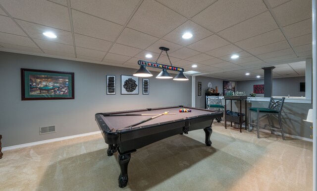 rec room featuring carpet flooring, billiards, baseboards, recessed lighting, and decorative columns