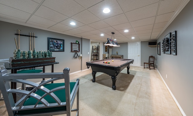 game room featuring pool table, baseboards, light carpet, and recessed lighting