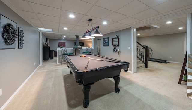 rec room featuring light carpet, recessed lighting, baseboards, pool table, and a drop ceiling