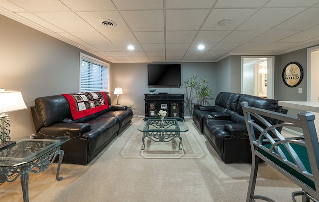 living room featuring carpet floors, recessed lighting, and ornamental molding