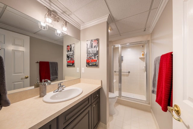 full bathroom featuring a shower stall, vanity, toilet, tile patterned flooring, and ornamental molding