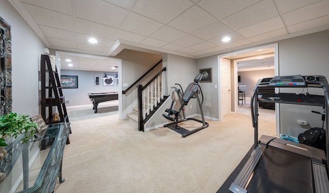 workout area with a paneled ceiling, carpet, recessed lighting, baseboards, and pool table