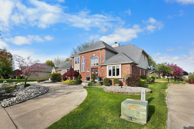47352 Dove Ct, Shelby Twp, MI 48315 - view of front of home featuring brick siding, curved driveway, a front lawn, and a chimney