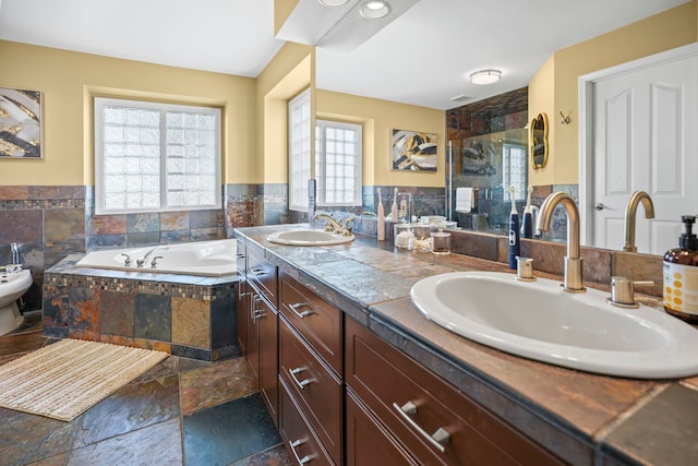 47352 Dove Ct, Shelby Twp, MI 48315 - bathroom with plenty of natural light, stone tile floors, a stall shower, a bath, and a wainscoted wall