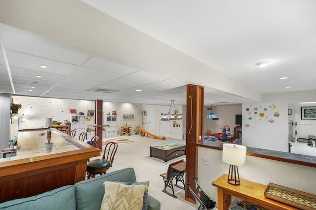 47352 Dove Ct, Shelby Twp, MI 48315 - game room featuring carpet, bar, and a drop ceiling