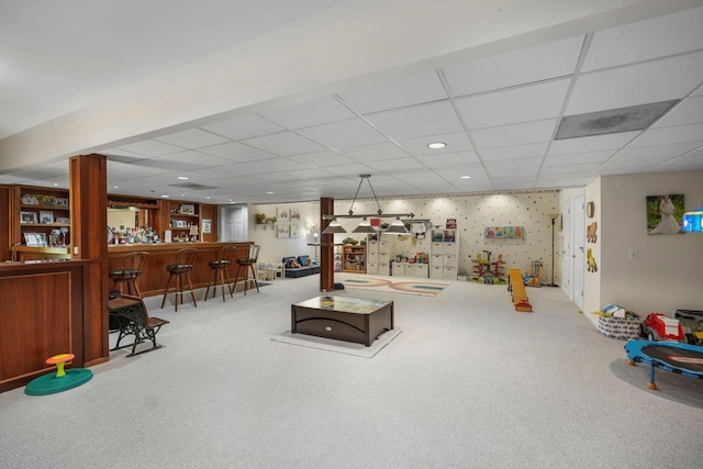 47352 Dove Ct, Shelby Twp, MI 48315 - playroom with carpet floors, a dry bar, a paneled ceiling, and recessed lighting