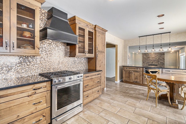 4819 Thorntree Dr, West Bloomfield, MI 48322 - kitchen with stainless steel gas range oven, custom exhaust hood, dark countertops, and tasteful backsplash