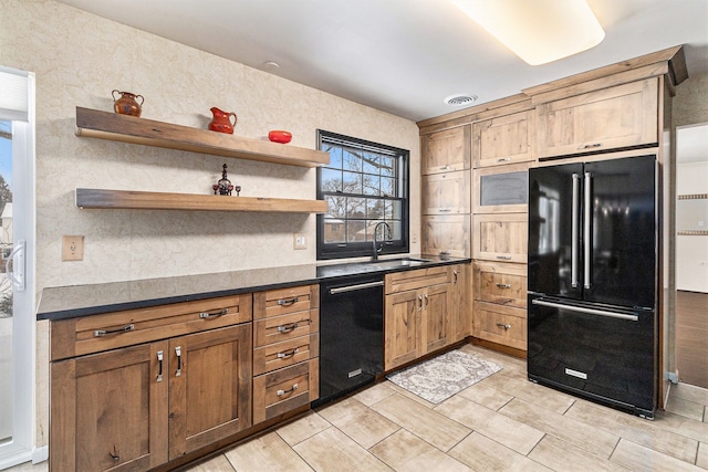4819 Thorntree Dr, West Bloomfield, MI 48322 - kitchen with black appliances, a sink, dark countertops, and open shelves