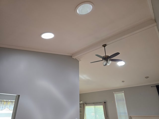 detailed view of ceiling fan, beamed ceiling, recessed lighting, and crown molding