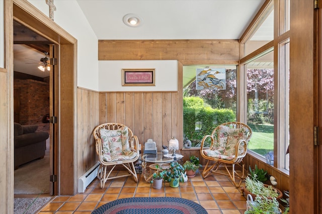 7317 Bircklan Dr, Canton, MI 48187 - sitting room featuring baseboard heating, wooden walls, a ceiling fan, tile patterned flooring, and wainscoting