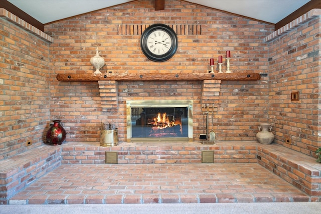 7317 Bircklan Dr, Canton, MI 48187 - unfurnished living room featuring vaulted ceiling, ornamental molding, brick floors, brick wall, and a brick fireplace