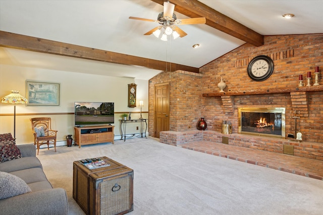 7317 Bircklan Dr, Canton, MI 48187 - living room featuring carpet floors, ceiling fan, a brick fireplace, and baseboards
