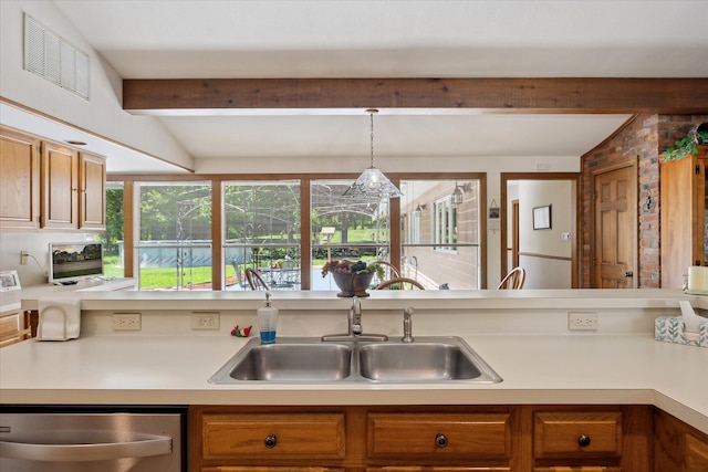 7317 Bircklan Dr, Canton, MI 48187 - kitchen with dishwasher, a sink, beam ceiling, and light countertops