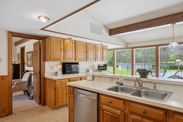 7317 Bircklan Dr, Canton, MI 48187 - kitchen featuring stainless steel dishwasher, a sink, black microwave, light countertops, and hanging light fixtures