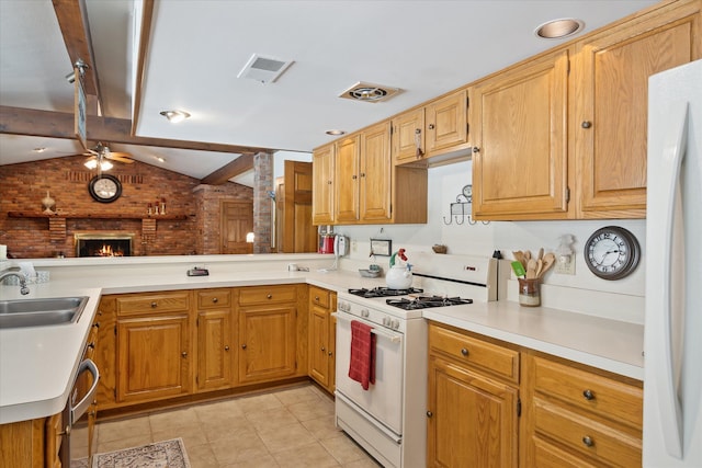 7317 Bircklan Dr, Canton, MI 48187 - kitchen with white appliances, a sink, a ceiling fan, light countertops, and light tile patterned floors
