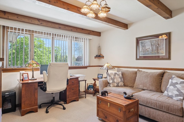 7317 Bircklan Dr, Canton, MI 48187 - office area featuring beamed ceiling, a chandelier, and light colored carpet