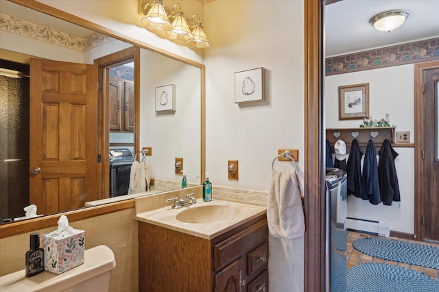 7317 Bircklan Dr, Canton, MI 48187 - bathroom featuring a baseboard radiator, toilet, vanity, and a chandelier