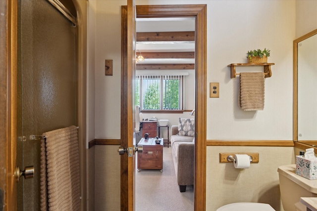 7317 Bircklan Dr, Canton, MI 48187 - bathroom with toilet and beam ceiling